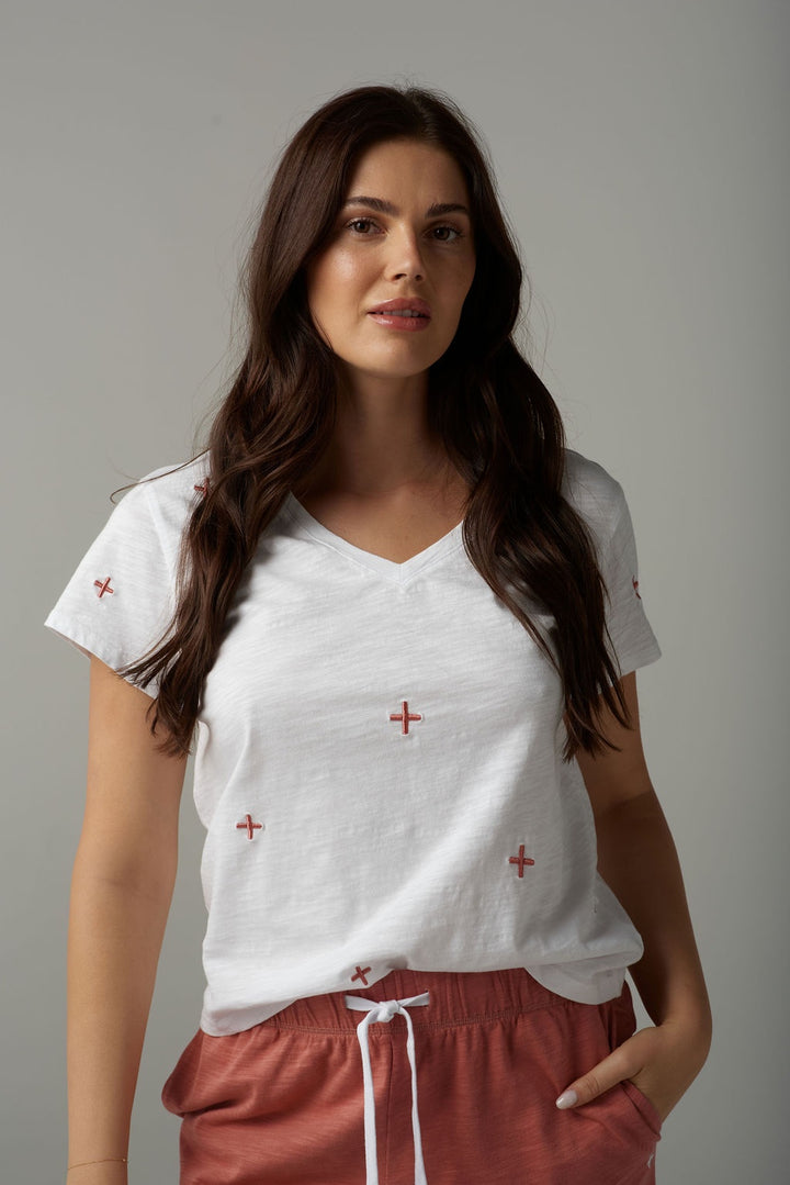 CPS CROSS EMB V NECK TEE