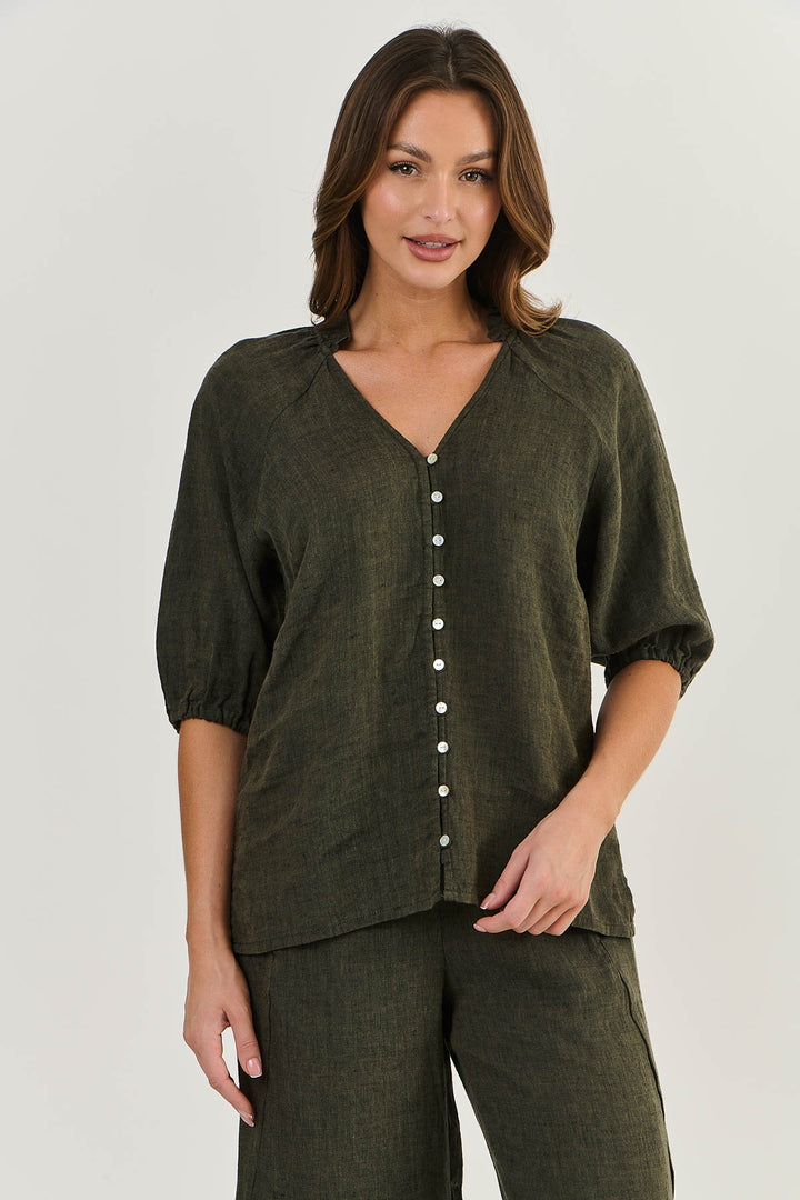 NATURALS LINEN FRILL NECK TOP