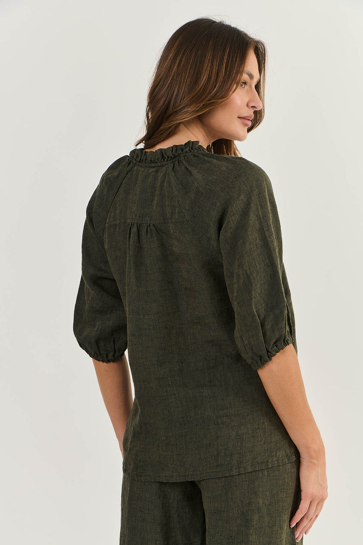 NATURALS LINEN FRILL NECK TOP