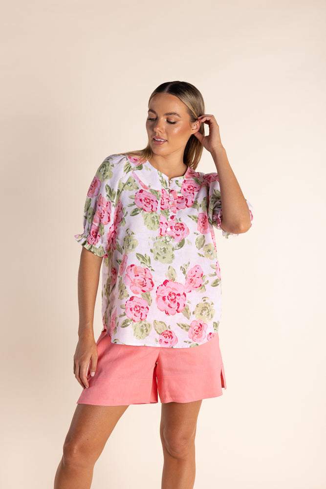 TWO T'S LINEN ROSE PRINT TOP